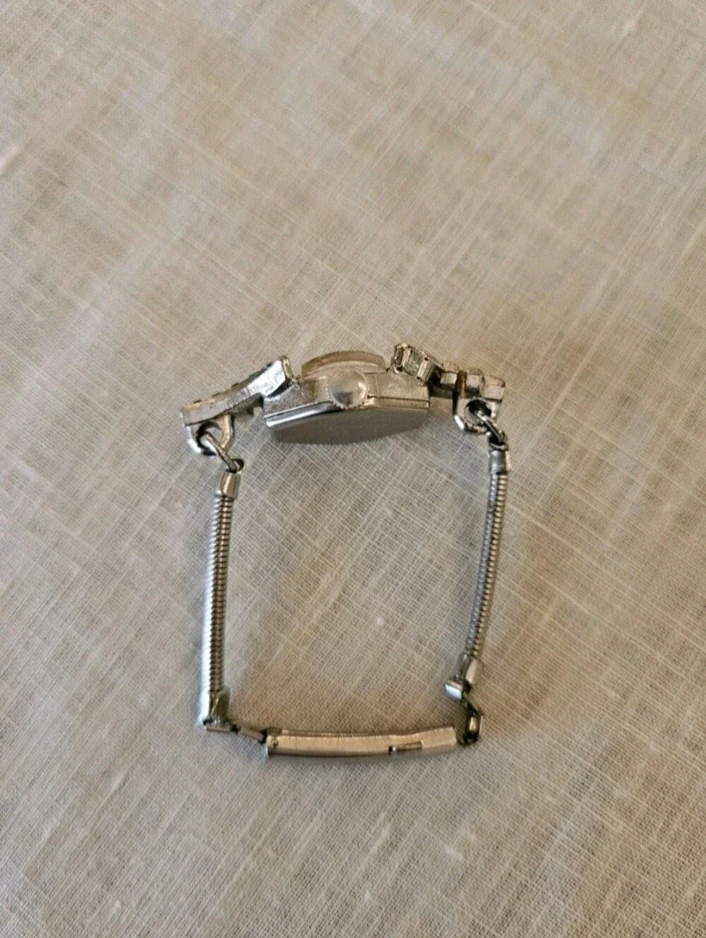 Vintage 40s Cort Art Deco Watch Rhinestone Silver Metal Band Mechanical Mvt Runs